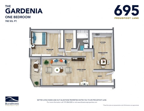 One bedroom floor plan 780 sf.